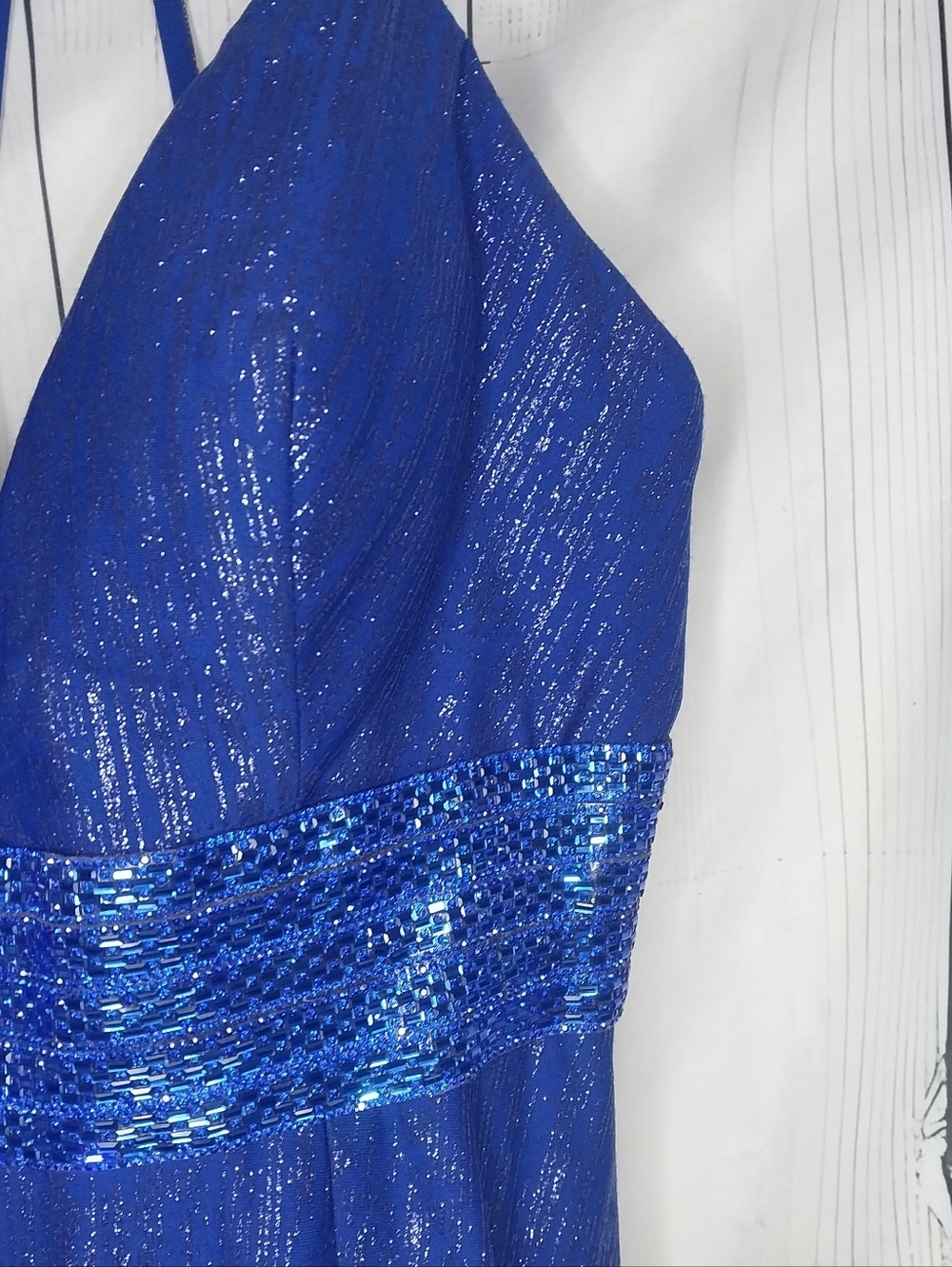 Mac Duggal Royal Blue Cassandra Stone V-Neck Maxi Prom Dress - Picture 9 of 16